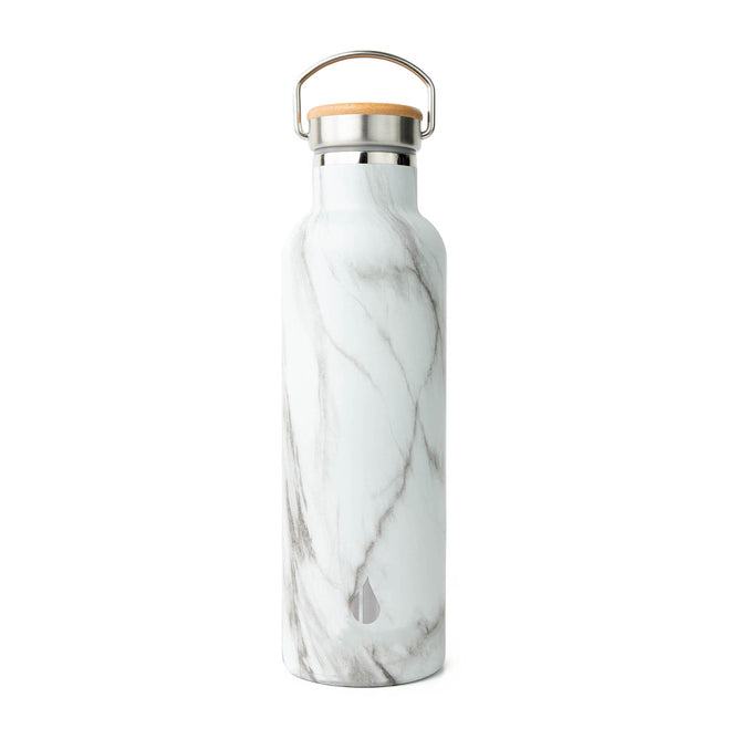 The Classic Stainless Steel + Bamboo Lid Bottle by Elemental features a white and gray marble pattern, bamboo cap, metal handle, and leak-proof lid—crafted from stainless steel and shown upright on a white background.