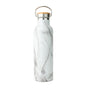 The Classic Stainless Steel + Bamboo Lid Bottle by Elemental features a white and gray marble pattern, bamboo cap, metal handle, and leak-proof lid—crafted from stainless steel and shown upright on a white background.