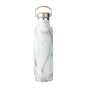 The Elemental Classic Stainless Steel + Bamboo Lid Bottle features a white and gray marble pattern, a leak-proof bamboo lid, and a sturdy metal handle.