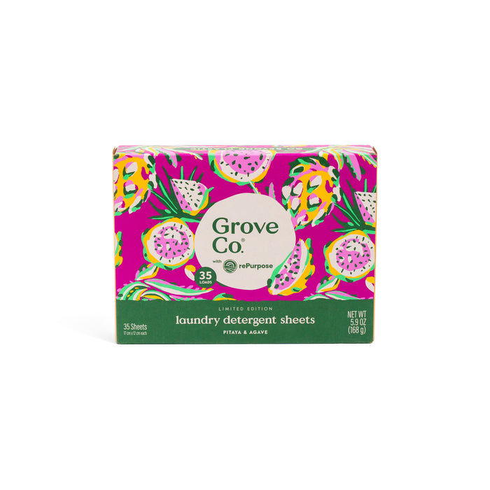 Grove Co. Laundry Detergent Sheets - Summer Collection: Limited edition, tropical scents like pitaya and agave. Vibrant pink packaging with pitaya design. Contains 35 sheets, total weight 3.95 oz (112 g).