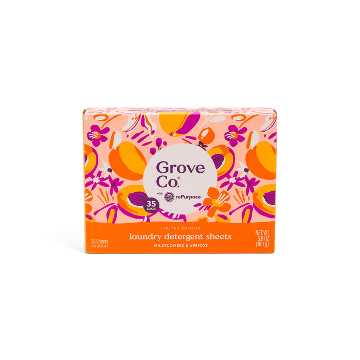 A box of Grove Co. Laundry Detergent Sheets - Summer Collection features a colorful floral design, Wildflowers & Apricot scent, contains 35 sheets, and weighs 1.58 oz (45 g).