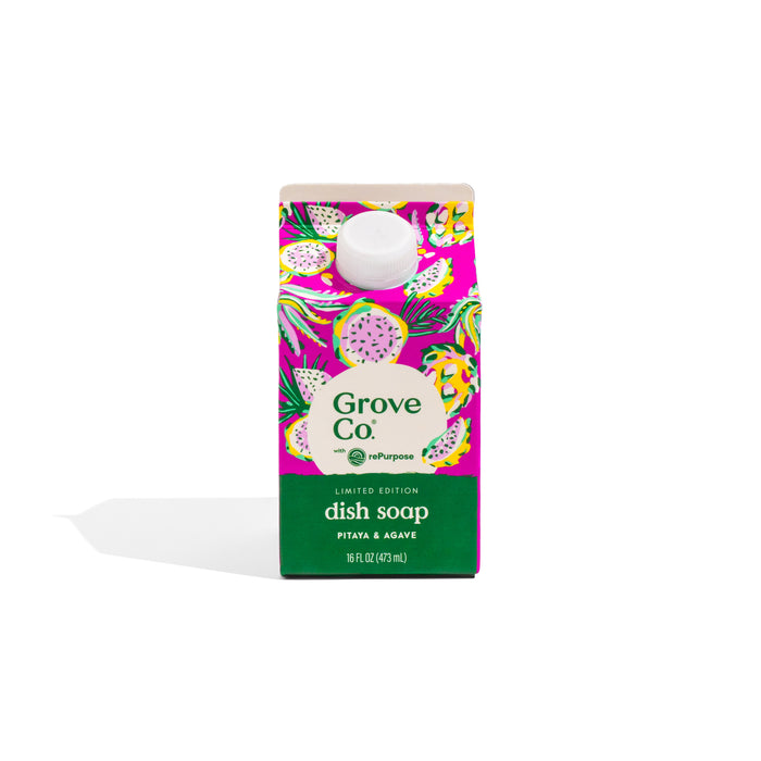 Grove Co. Dish Soap Refill – Summer Collection features a tropical Pitaya & Agave scent in a vibrant, limited edition carton with colorful fruit designs, offering plant-based, eco-friendly cleaning for your kitchen.