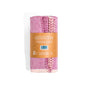 A rolled pink Large Turkish Towel from Grove Co.'s Summer Collection, wrapped with a brown paper label showing product details and a barcode, is set against a white background.