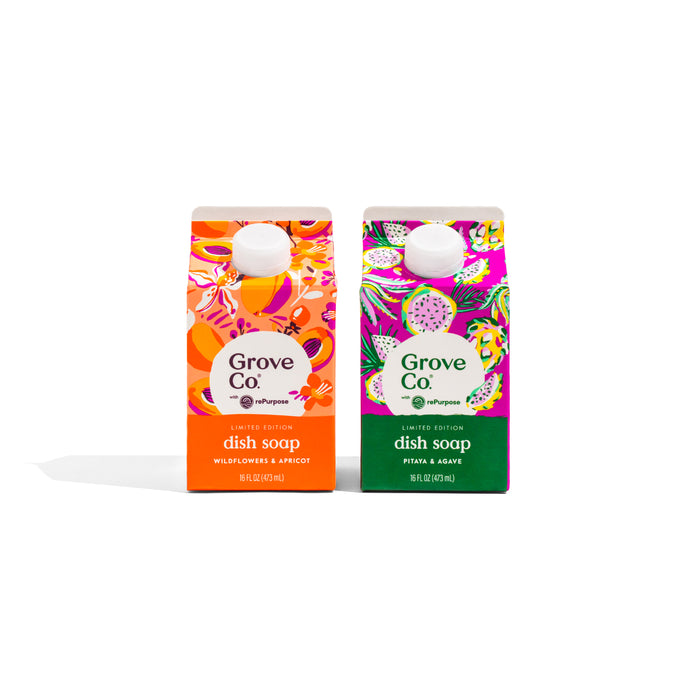 Two limited edition Grove Co. Dish Soap Set - Summer Collection cartons, in wildflowers & apricot (orange) and pitaya & agave (purple-green), stand side by side on a white background with recyclable packaging.