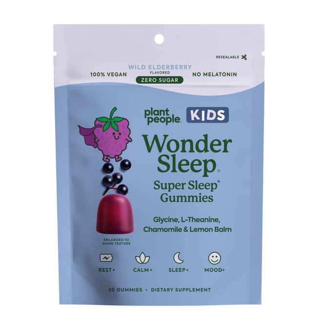A resealable pouch of Plant People WonderSleep Kids Gummies in wild elderberry flavor. The purple and blue packaging features a cartoon elderberry and highlights vegan, zero sugar, and melatonin-free.
