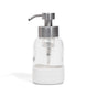 A Grove Co. Foaming Hand Soap Dispenser with a white silicone sleeve, featuring a clear glass body and stainless steel pump, designed with a refillable system to help reduce plastic waste, photographed on a plain white background.
