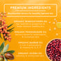 A yellow skincare graphic listing the benefits of sea buckthorn, pomegranate, baobab, and jojoba oils, featuring images of the fruits and seeds surrounding the text. The design highlights these powerful biocompatible ingredients, commonly found in organic skincare blends like Badger Balm’s Seabuckthorn Glow Beauty Oil.