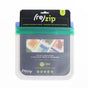 A package of (re)zip Flat Sandwich Bags contains two reusable PEVA food storage bags with green and blue seals. The packaging features images of food in the bags and product details in English and French.