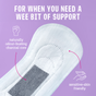 Here We Flo Sensitive Bladder Bamboo Liners are shown on a purple background. The text highlights their skin-friendly, odour-neutralising charcoal core and light leak protection with the caption: For when you need a wee bit of support.