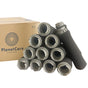 A PlanetCare 2.0 Filter Cartridges Refill Pack sits beside a pyramid stack of black cartridges with gray ends, plus one filter on top. These PlanetCare filters for washing machines support closed-loop recycling.