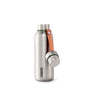 The Black + Blum Insulated Water Bottle features stainless steel, a green accent at the neck, tan leather strap on the cap, minimalist design, engraved label, and vacuum insulation to keep drinks cold for hours.