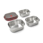 The Black + Blum Multi-Function Food Box Mixed Set includes three 1.2L stainless steel boxes with stackable gray lids featuring red accents, perfect for versatile storage of your food essentials.