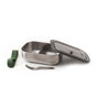 The Black + Blum Stainless Steel Lunch Box Large, with a clear lid, divider, green silicone strap, and metal fork, is open on a white surface. Its leak-proof design keeps your meal fresh all day.