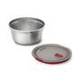 The Black + Blum Steel Food Bowl, an ideal leakproof food storage solution, is shown with its gray and red plastic lid featuring a sealing vent, all set on a white background.
