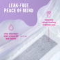 Close-up of Flo Sensitive Bladder Bamboo Long Pads by Here We Flo, with text: “LEAK-FREE PEACE OF MIND,” “ultra absorbent 3D leak barrier,” and “odour-busting charcoal core.” Reliable bladder leak protection on a purple background.