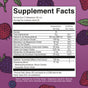Supplement Facts label for MaryRuth’s Nighttime MultiMineral Liquid + Skin Renew, listing serving size, calories, vitamins, and minerals, with a background illustration of blackberries to support bone health and skin elasticity.