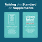 Heading: Raising the Standard on Supplements. Left: Certified B Corporation badge—MaryRuth's meets high social and environmental standards. Right: Clean Label Project Certified for Vegan Liquid Chlorophyll Drops, tested for label accuracy.