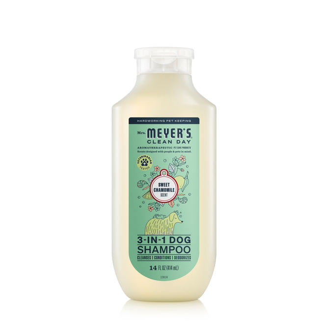 Mrs. Meyers 3-in-1 Dog Shampoo comes in a 14 fl oz bottle with a sweet chamomile scent and a pH-balanced formula. The light green label features a dogs outline, bubbles, and paw prints, highlighting its cleansing, conditioning, and deodorizing benefits.