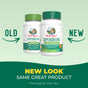 Two bottles of Super Greens Gummies, labeled Old and New with arrows, above text that reads New look, same great product.