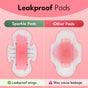 A comparison shows Sparkle Maxi Pads With Wings (biobased, hypoallergenic) with leakproof wings and no leakage, while the Other Pad has possible leakage. Text: Leakproof Pads. Icons indicate leakproof vs. possible leakage.