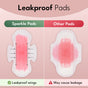 Comparison of two sanitary pads: Sparkle Ultra Pads With Wings (USDA Certified Biobased, vegan, leakproof wings, no side leakage) vs. Other Pad (side leakage). Text: Leakproof Pads with icons for leakproof and possible leakage.