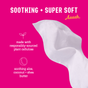 A white, soft tissue is shown on a pink background with text: SOOTHING + SUPER SOFT. Aaah. Icons highlight FLO Get Fresh Body + Intimate Wipes by Here We Flo—plant-based, responsibly sourced, for sensitive skin, with aloe, coconut & shea butter.