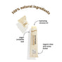 Two sachets of Sunniemade Hydrating Lip Balm - Coco Quench, labeled with arrows highlighting hydrating coconut oil, vegan candelilla wax, and organic shea and cocoa butter. Text reads 100% natural ingredients. The lip balm comes in recyclable packaging for an eco-friendly touch.