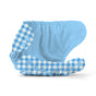 The Esembly Baby Outer Diaper Cover + Swim Diaper, Size 1, crafted from 100% OEKO-TEX certified recycled fabric, is a reusable light blue diaper cover with a checkered flap and snap buttons—perfect for stylish, waterproof protection.
