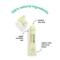 A tube of Sunniemade Healing Lip Balm - Hello Aloe features text highlighting its natural ingredients: healing aloe vera, organic shea butter, organic cocoa butter, and vegan candelilla wax. “100% natural ingredients” is written above in green, and the lip balm is packaged in recyclable materials.