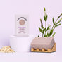A bar of Sunniemade’s Exfoliating Body Bar Soap - Purple Rain, enriched with lavandin essential oil and Brazilian purple clay, rests on a wooden holder alongside oatmeal flakes, its branded soap box, and fresh lavender sprigs—all beautifully displayed against a light purple background for an elegant showcase of natural body care.