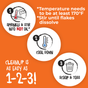 Three illustrated circles outline the process: sprinkle FryAway Deep Fry Used Cooking Oil Solidifier Powder into hot oil at 170°F, allow it to cool, then simply scoop and toss. The text on an orange background reads: Cleaning up cooking oil is as easy as 1-2-3!.
