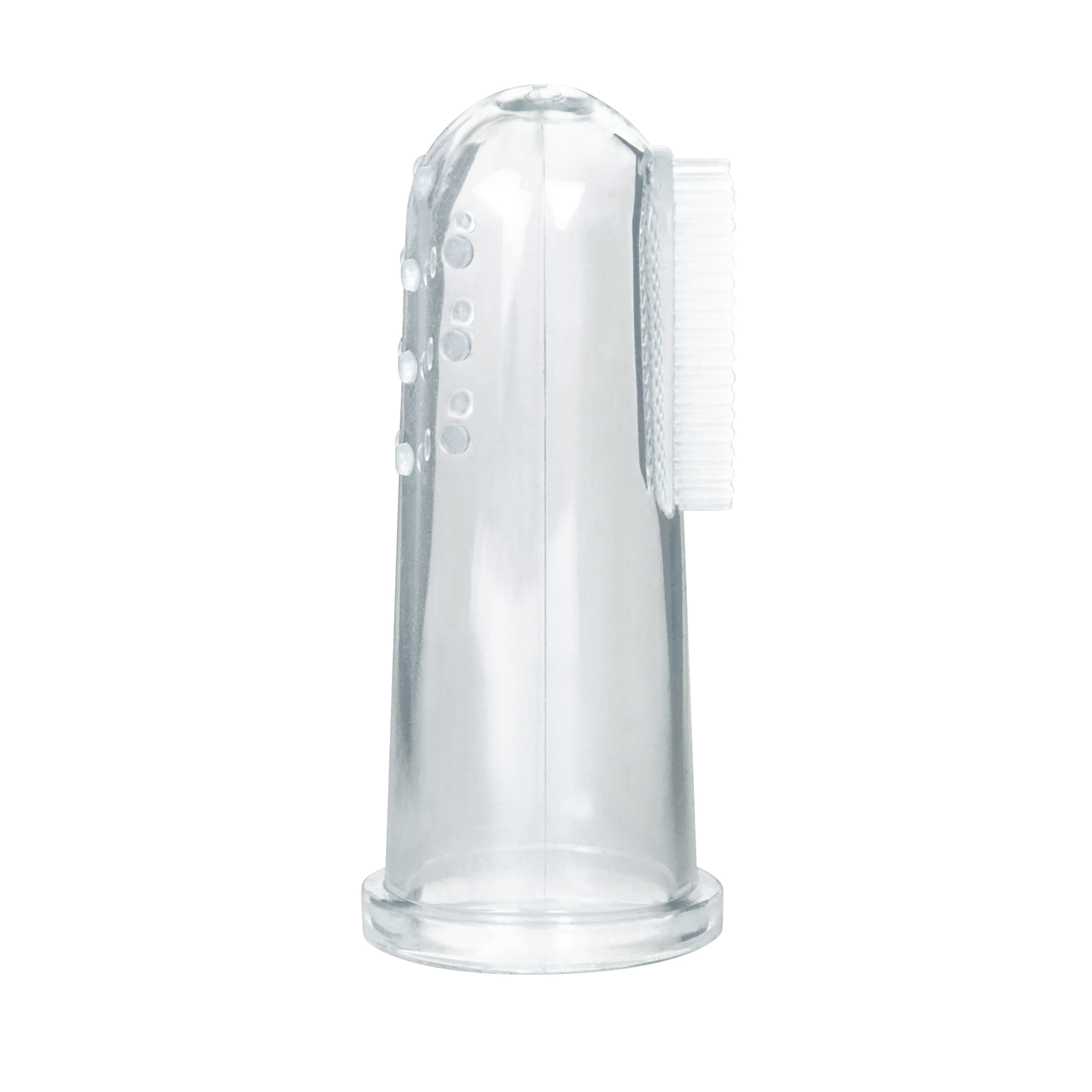 The Green Sprouts Baby Finger Toothbrush, made from BPA-free 100% food-grade silicone, offers textured bristles and raised dots to gently clean teeth and soothe teething gums. Ideal for infants or pets.