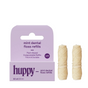 Two rolls of off-white Huppy Dental Floss, Vegan Mint - Refills are shown by a purple box. They’re thick, durable, plant-based, compostable floss with peppermint oil.