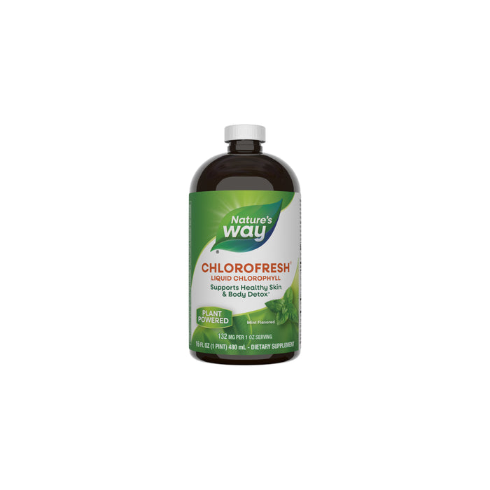 A brown bottle of Natures Way Chlorofresh® Liquid Chlorophyll, 16 fl oz (474 mL), features a green and white label highlighting support for healthy skin, detoxification, and its role as an internal deodorant.
