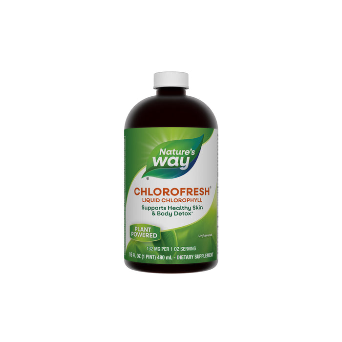A bottle of Natures Way Chlorofresh® Liquid Chlorophyll, featuring a green and white label and text highlighting plant-powered ingredients, skin and detox benefits, and internal deodorant use.