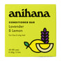 Anihana Conditioner Bar (Fine & Oily Hair) comes in a yellow box featuring a lemon and lavender sprig, sustainable packaging, product weight, and usage details.