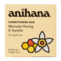 A beige box of Anihana Conditioner Bar (Regular Hair) in Manuka Honey & Vanilla scent features sustainable packaging with a flower and honeycomb design, offers 60-80 uses, and contains 60g/2.1oz.