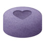 A round, purple tablet with a heart-shaped indentation offers a spa-like experience, just like the Anihana Bath Bomb Minis 5-Pack. Shown against a white background.