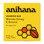 Anihana Shampoo Bar (Regular Hair) in a yellow box with honeycomb and almond designs, contains mānuka honey and almond. Sustainable, lasts 60-80 uses, 65g/2.29oz noted on packaging.