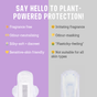 Split graphic contrasts Here We Flos Flo Sensitive Bladder Bamboo Long Pads (purple)—odour-neutralising, silky-soft, sensitive on skin, leak protection—versus standard pads (grey), which cause irritation, feel plasticky and don’t suit all skin types.