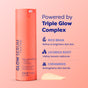 A FaceTory Glow Serum Face Milk bottle stands upright next to a swatch, highlighting rice bran, licorice root, and ceramides for brightening, radiance, and a glass-skin finish.