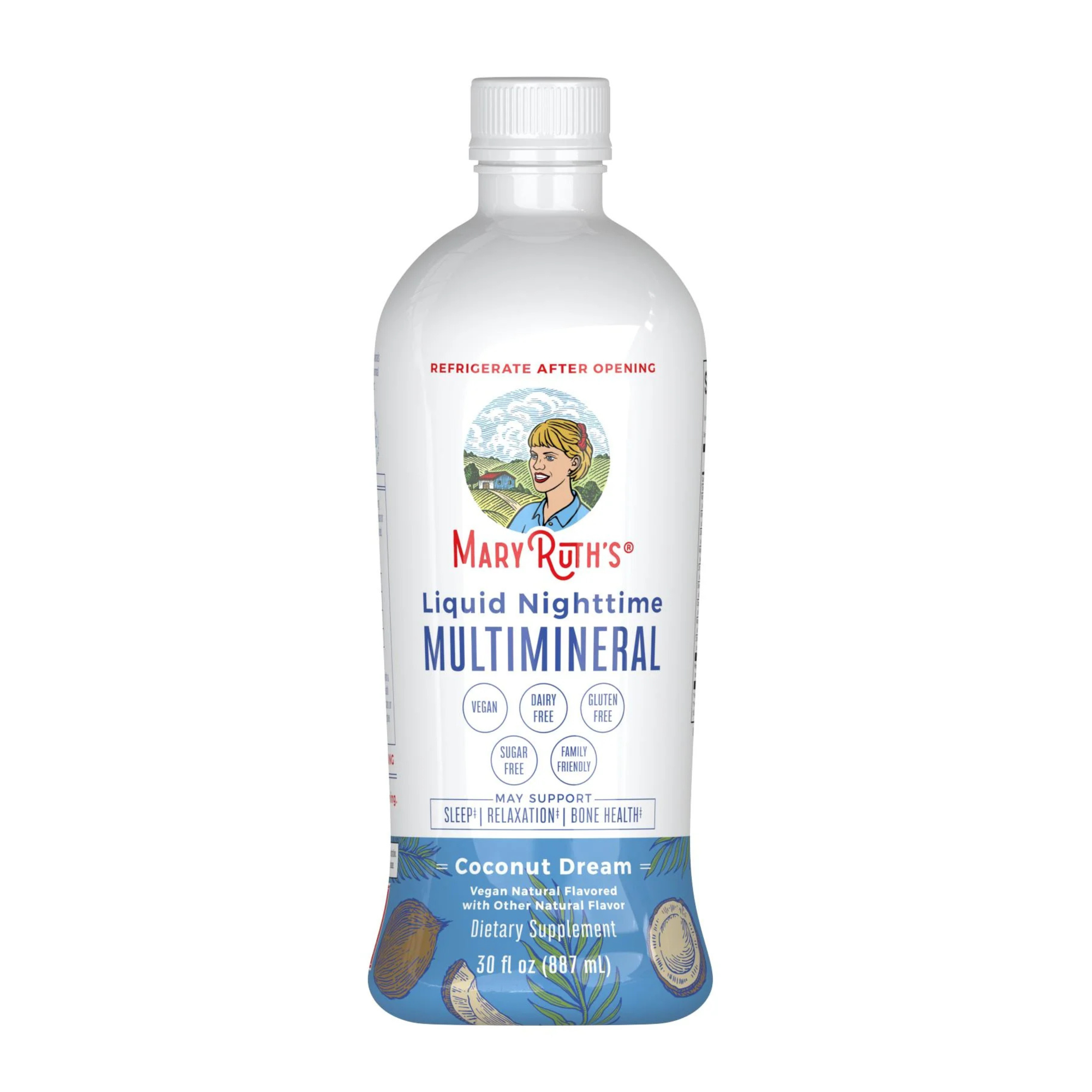 A bottle of MaryRuth’s Liquid Nighttime Multimineral dietary supplement in Coconut Dream flavor, featuring a colorful label with a womans illustration and text highlighting vegan, sugar-free, and no dairy, nuts, or soy.