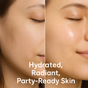 Close-up of a woman's face shows a matte, dry side and a smooth, glowing, hydrated side after using FaceTory Girls’ Night Glow Face Sheet Masks. Text: Hydrated, Radiant, Party-Ready Skin. Instantly boosts brightness and moisture.