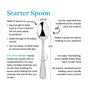 A diagram of Ahimsa Baby Starter Spoons shows its 0.875" wide head and 4.5" length, highlighting non-toxic benefits for both baby-led and parent-assisted feeding, plus tips for teaching babies to self-feed.