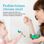 A woman feeds a baby with Ahimsa Baby Starter Spoons. Text: “Pediatricians choose steel. Stainless steel is the ONLY kid-friendly material recommended by the American Academy of Pediatrics.”.