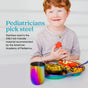A smiling child holds watermelon at a table with Ahimsa’s Mindful Mealtime Set, highlighting stainless steel as a kid-friendly material.