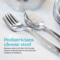 A close-up of stacked Ahimsa Utensil Set on a countertop. Text: Pediatricians choose our non-toxic kids flatware. Stainless steel is the only kid-friendly material recommended by the American Academy of Pediatrics.