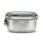 The Black + Blum Stainless Steel Lunch Box Large is a modern, leak-proof rectangular container with a fitted lid and green silicone band to keep your meals fresh and spill-free.