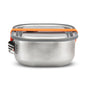 The Black + Blum Stainless Steel Lunch Box Large features a leak-proof design with a matching lid, an orange silicone seal band, and black clasps, shown against a white background.