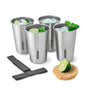 The Black + Blum Steel Cup Set of 4 features modern steel cups styled with ice, lime slices, and mint leaves. A cut lime, wooden lid, and black fabric strap are included—ideal for serving drinks with flair.